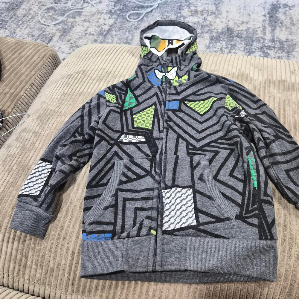 Mad Engine Boys Geometric Full Zip Mask Hoodie Size 4 Grey Neon